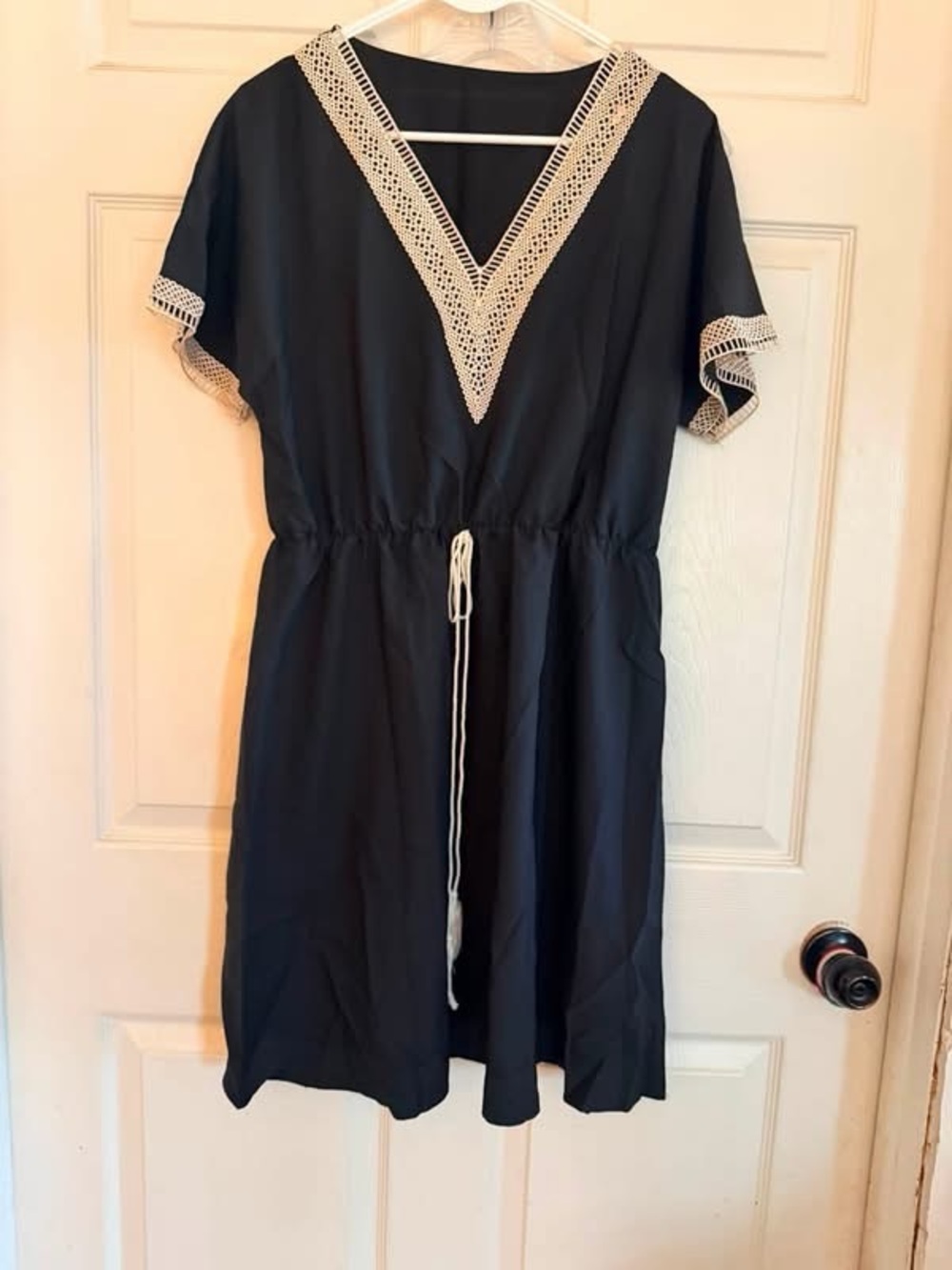 Black Crochet-Trim V-Neck Drawstring Dress